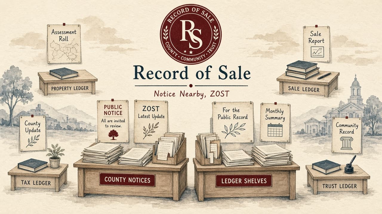 Painted civic mural of county ledgers, public notices, and a sale ledger under the Record of Sale seal.